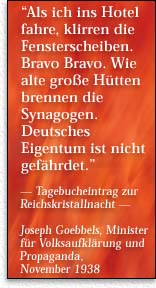 Als ich ins Hotel fahre, klirren die Fensterscheiben. Bravo Bravo. Wie alte gro&szlig;e H&uuml;tten brennen die Synagogen. Deutsches Eigentum ist nicht gef&auml;hrdet.-- Tagebucheintrag zur Reichskristallnacht  -- Joseph Goebbels, Minister f&uuml;r Volksaufkl&auml;rung und Propaganda,  November 1938