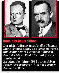 Raus aus Deutschland -- Der nicht-j&uuml;dische Schriftsteller Thomas Mann (rechts) ahnte, was kommen w&uuml;rde und kehrte seiner Heimat den R&uuml;cken. Auch der Maler Paul Klee (links) verlie&szlig; Deutschland. Bis Mitte des Jahres 1934 waren sieben Prozent der deutschen Juden ins sichere Ausland geflohen. 
